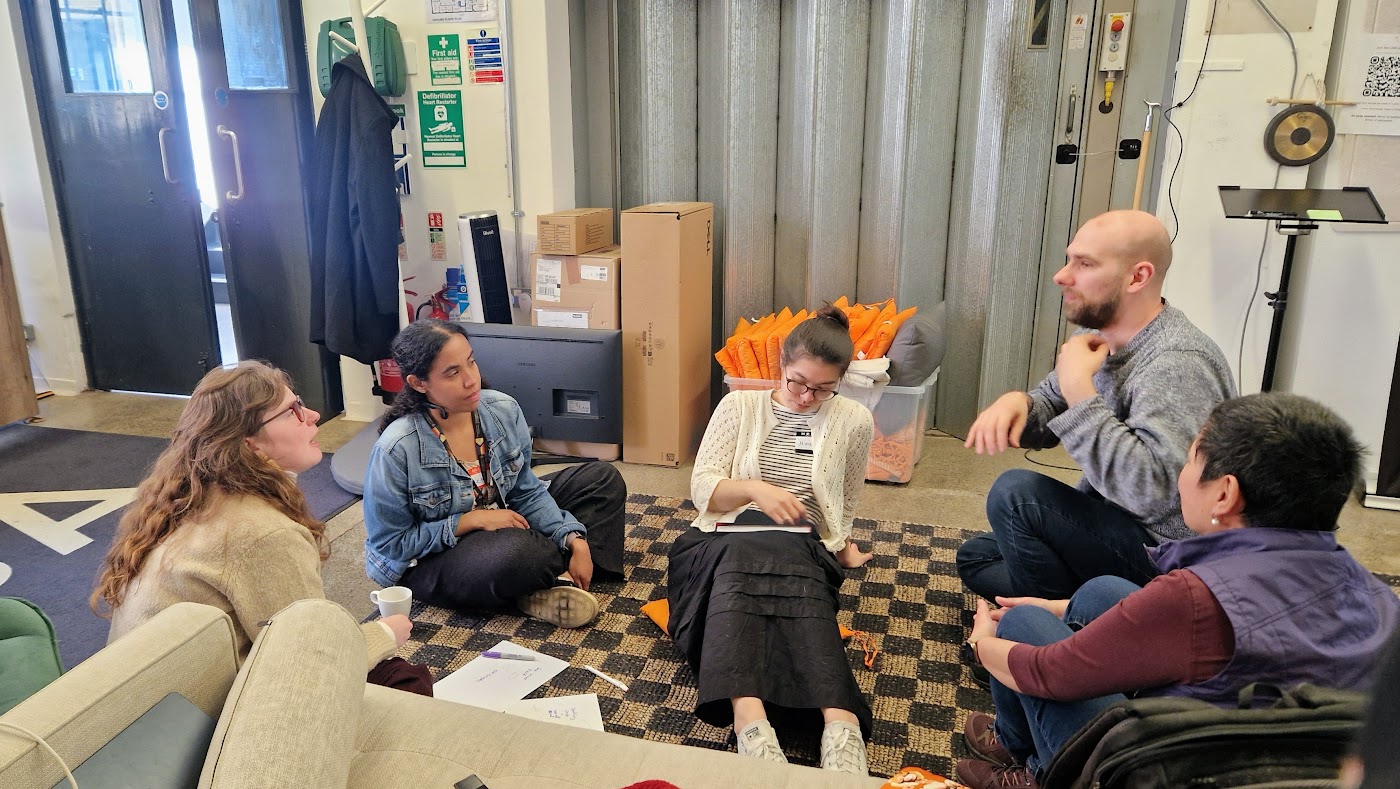Team formation — small groups talking on the floor